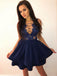 A-line Lace Applique Criss-Cross Blue Tiered Cocktail Party Dress