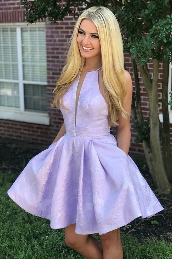 lilac printed satin short prom homecoming dress with pockets dth248