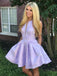 Lilac Printed Satin Short Prom Homecoming Dress with Pockets