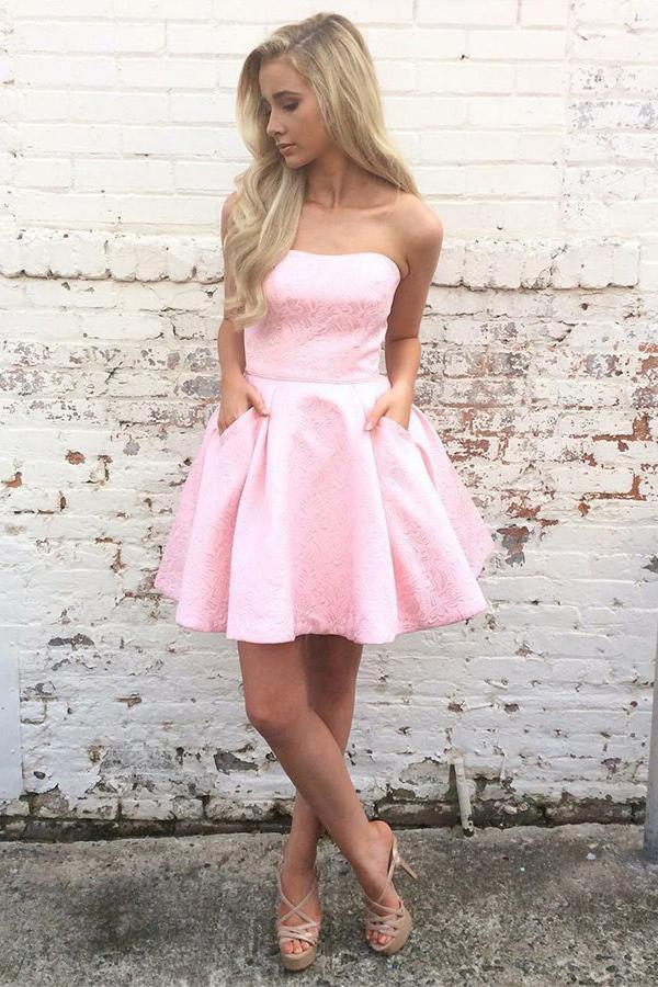 strapless pink short prom dresses homecoming dress with pockets dth247
