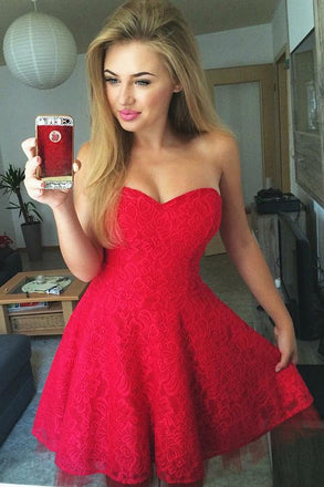 cute a-line lace red pleats sweetheart homecoming dress dth245