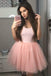 tulle blush pink satin bodice short homecoming dress with pleated skirt dth244