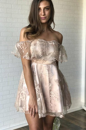 Off the Shoulder Lace Satin A-line Short Homecoming Party Dress