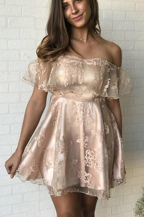 off the shoulder lace satin a-line short homecoming party dress dth253