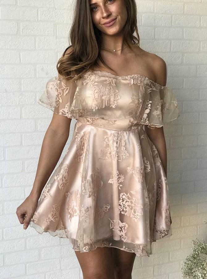 Off the Shoulder Lace Satin A-line Short Homecoming Party Dress
