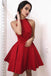 fit and flare high neck satin red short homecoming party dress dth250