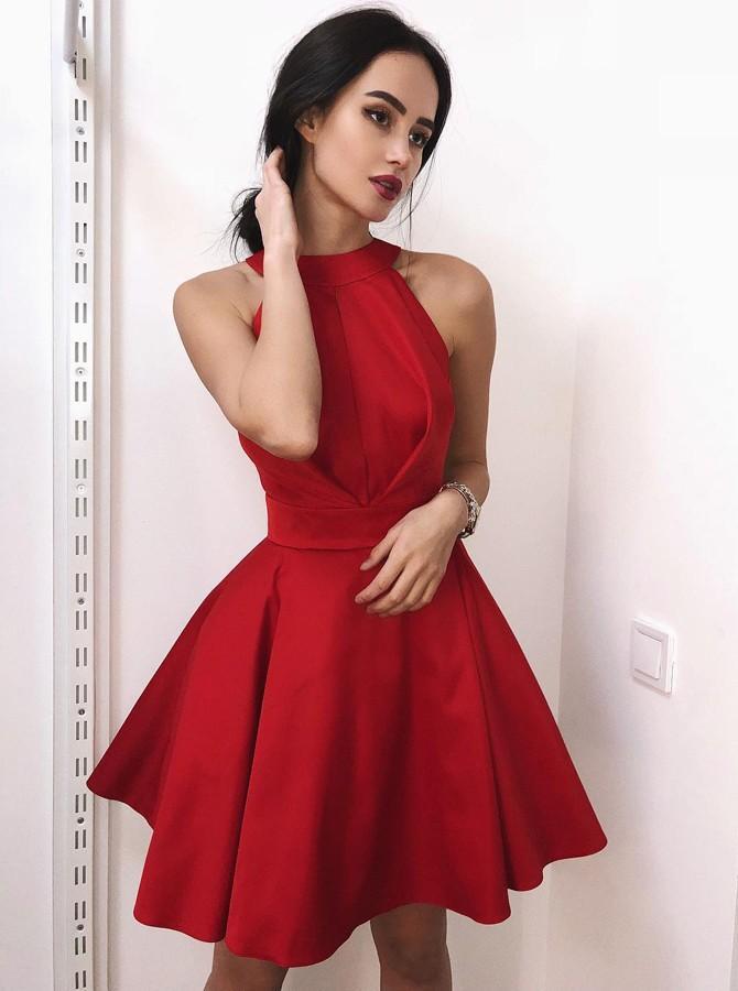 Fit and Flare High Neck Satin Red Short Homecoming Party Dress
