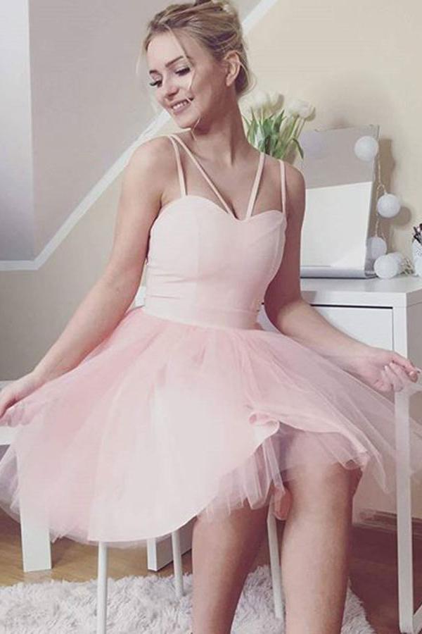 Charming Double Spaghetti Straps Blush Pink Tulle Short Homecoming Dress