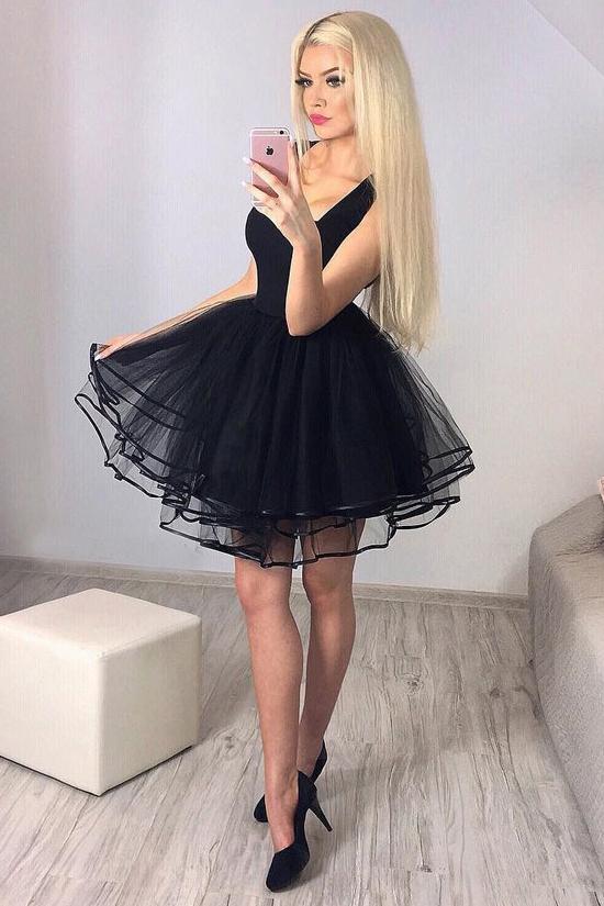 A-line Square Black Homecoming Dress Tulle Pleated Short Prom Dress
