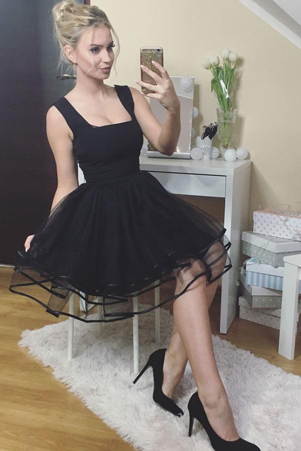 a-line square black homecoming dress tulle pleated short prom dress dth254