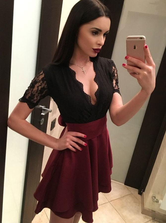 Short Sleeves Black Lace Homecoming Dresses, Burgundy Skirt Party Dress