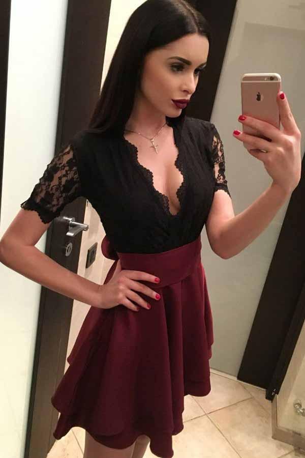 burgundy skirt party dress short sleeves black lace homecoming dresses dth460