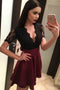 Short Sleeves Black Lace Homecoming Dresses, Burgundy Skirt Party Dress