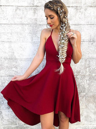 Spaghetti Straps V-neck Burgundy High Low Short Prom Homecoming Dress