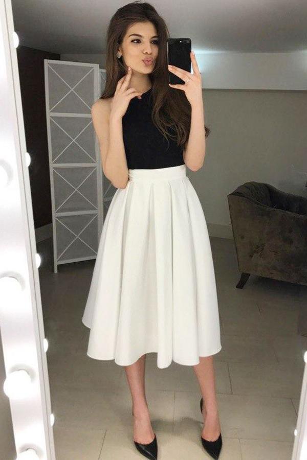 Backless Homecoming Dress with Pleats, Halter Tea-Length Prom Dresses