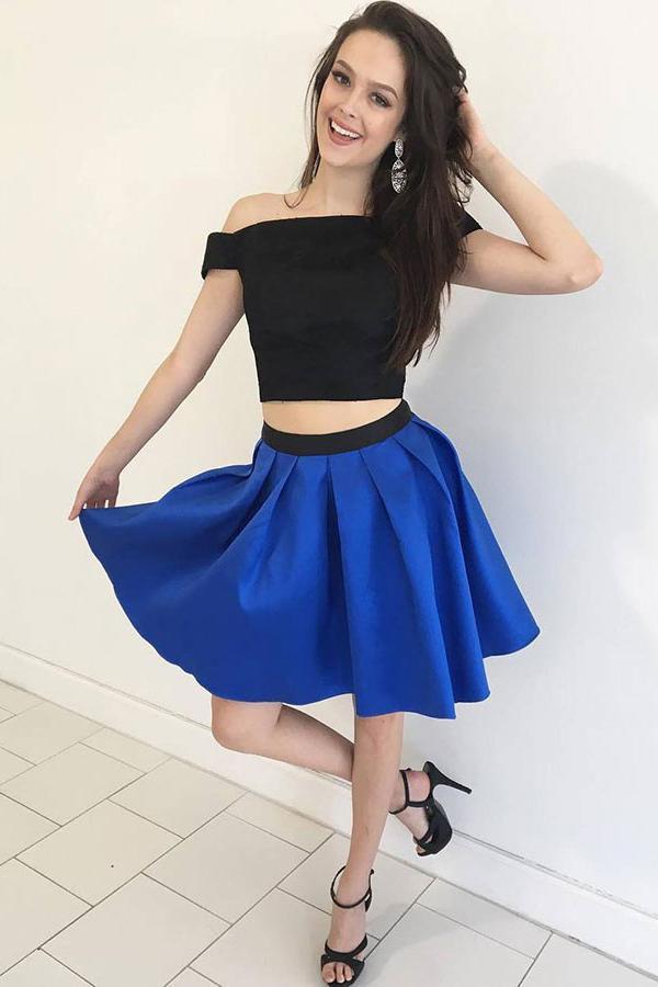 two piece black blue off the shoulder short homecoming dresses dth259