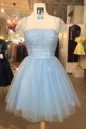 Chic Sparkly Cap Sleeves Homecoming Dress, Tulle Pearls Short Prom Dress