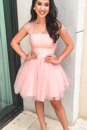 tulle pearls short prom dress chic sparkly cap sleeves homecoming dress dth275