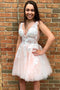 Princess V-neck Pink Short Prom Dresses, Tulle With Applique Homecoming Dress