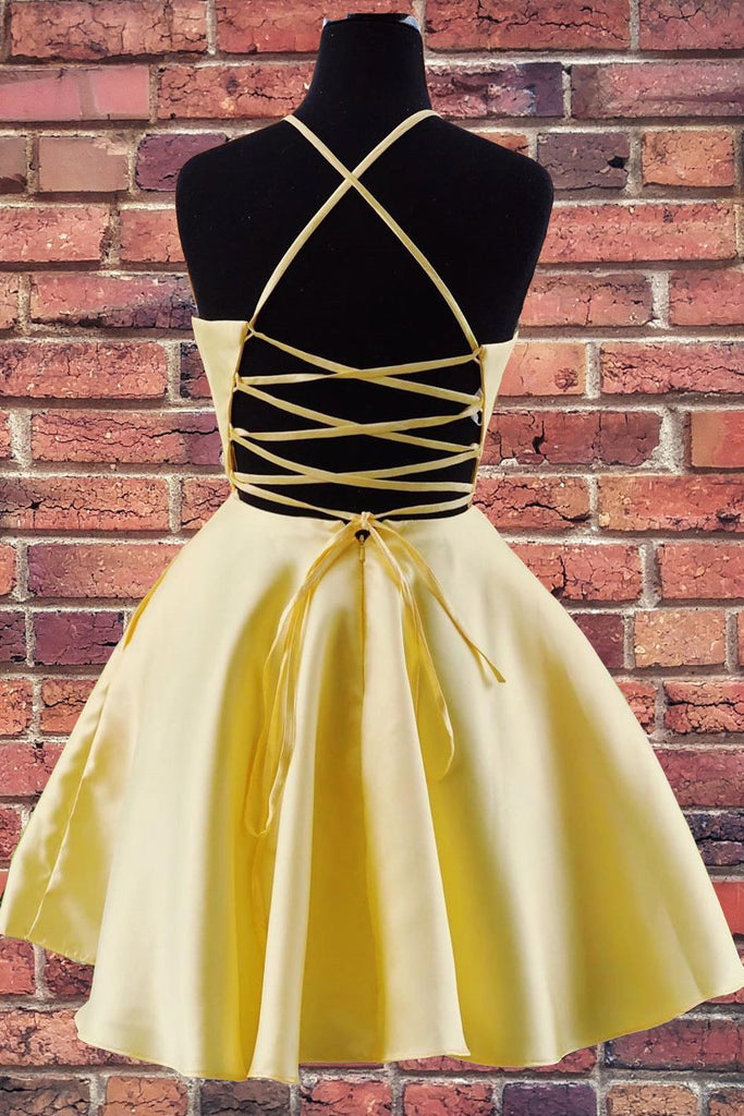 A-line Halter Yellow Homecoming Dress with Embroidered Pockets