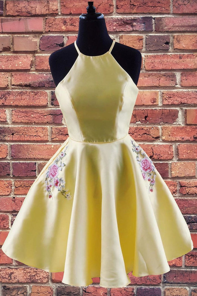 a-line halter yellow homecoming dress with embroidered pockets dth278