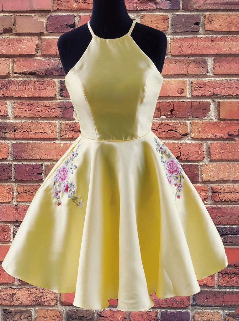 A-line Halter Yellow Homecoming Dress with Embroidered Pockets