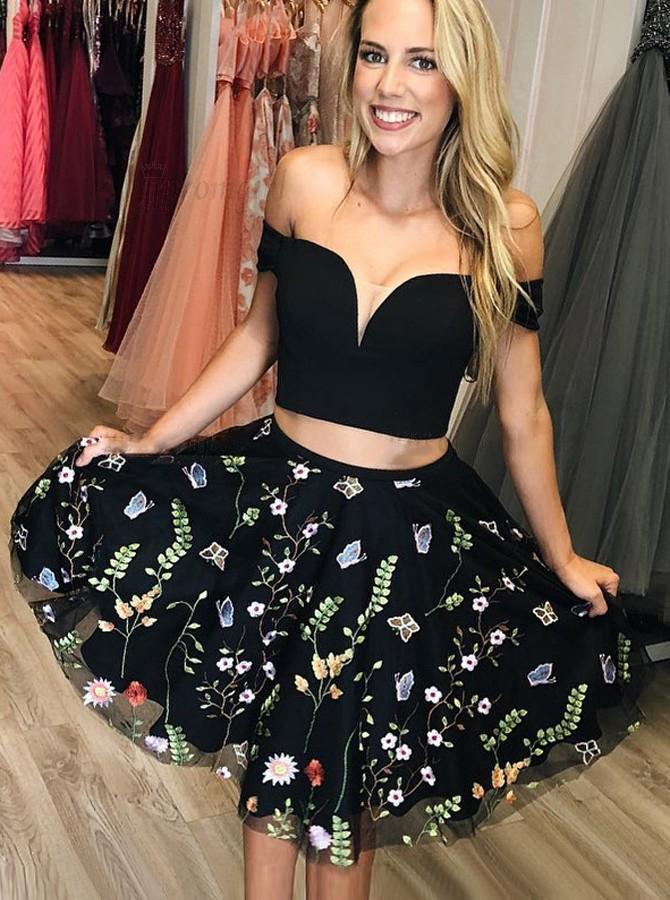 Off-Shoulder Black Floral Embroidered Homecoming Dresses, Two Piece Short Prom Dress