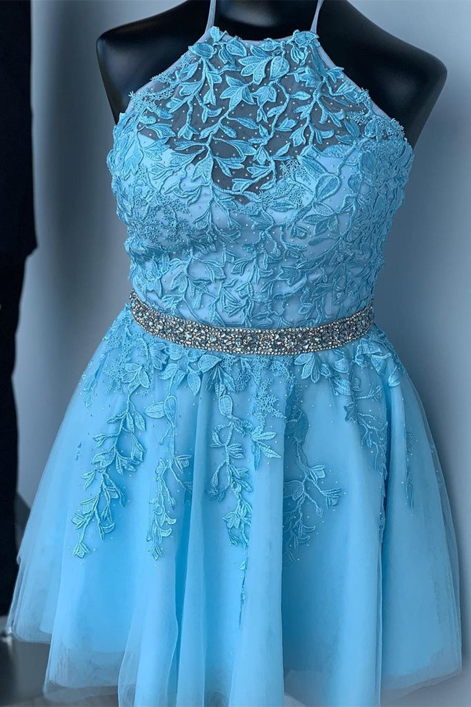 Tulle Lace Appliques Beading Short Homecoming Dress with Lace-Up