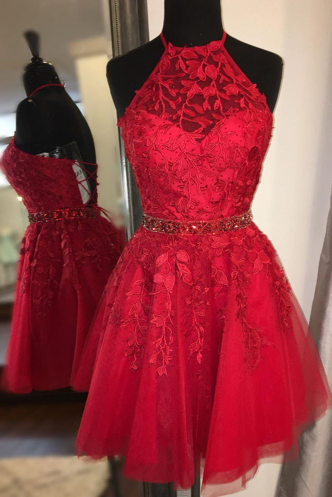 Tulle Lace Appliques Beading Short Homecoming Dress with Lace-Up