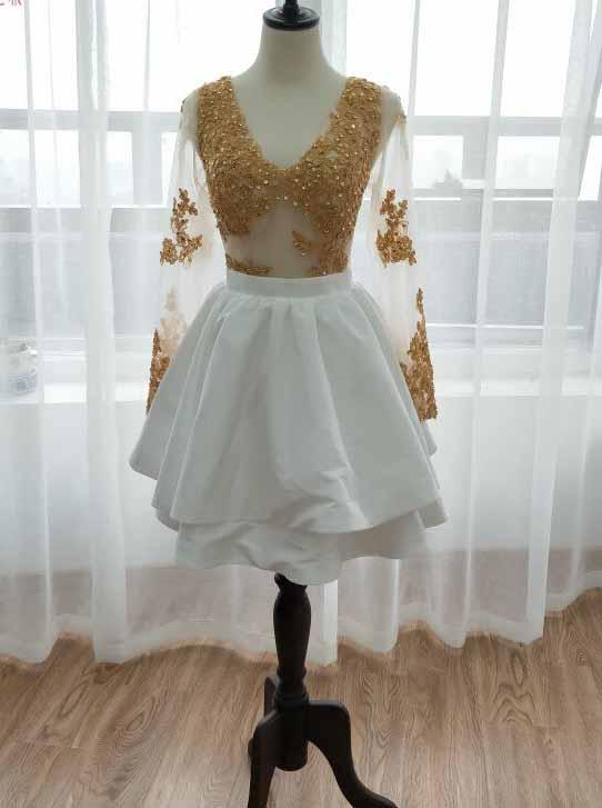 long sleeve short prom dress gold appliques white homecoming dress dth421