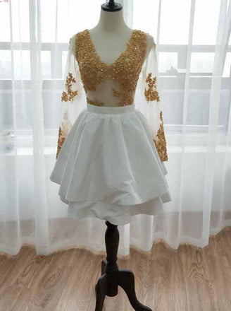 long sleeve short prom dress gold appliques white homecoming dress dth421