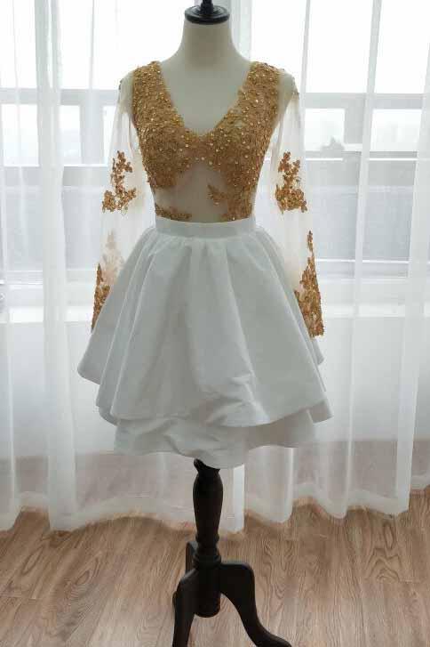 Long Sleeve Short Prom Dress Gold Appliques White Homecoming Dress