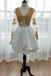 Long Sleeve Short Prom Dress Gold Appliques White Homecoming Dress