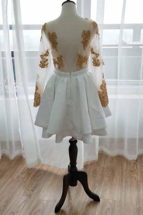 Long Sleeve Short Prom Dress Gold Appliques White Homecoming Dress