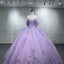Lavender 3D Flowers Lace Short Sleeves Prom Dress Quinceanera Evening Ball Gown