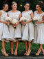 Lace Off-the-Shoulder Knee-Length Grey Satin Bridesmaid Dresses