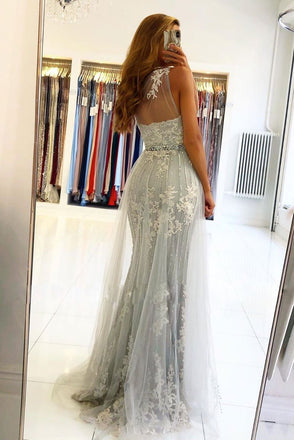 one shoulder tulle grey mermaid prom dress appliques long evening dress dtp104