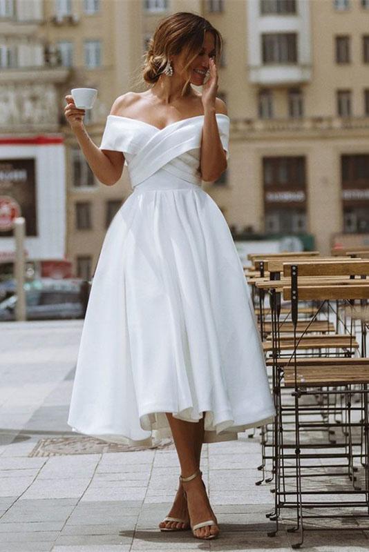 elegant off shoulder sleeveless knee-length simple wedding dress dtw89