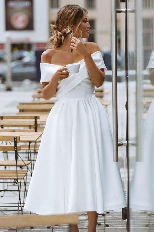 elegant off shoulder sleeveless knee-length simple wedding dress dtw89