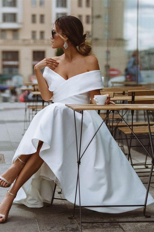 Elegant Off Shoulder Sleeveless Knee-Length Simple Wedding Dress DTW89 DressTok.co.uk Elegant Off Shoulder Sleeveless Knee-Length Simple Wedding Dress DTW89 DressTok.co.uk