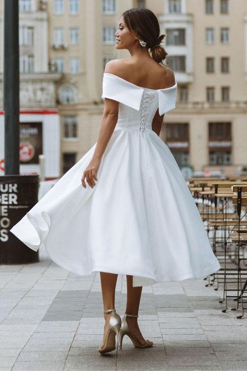 elegant off shoulder sleeveless knee-length simple wedding dress dtw89