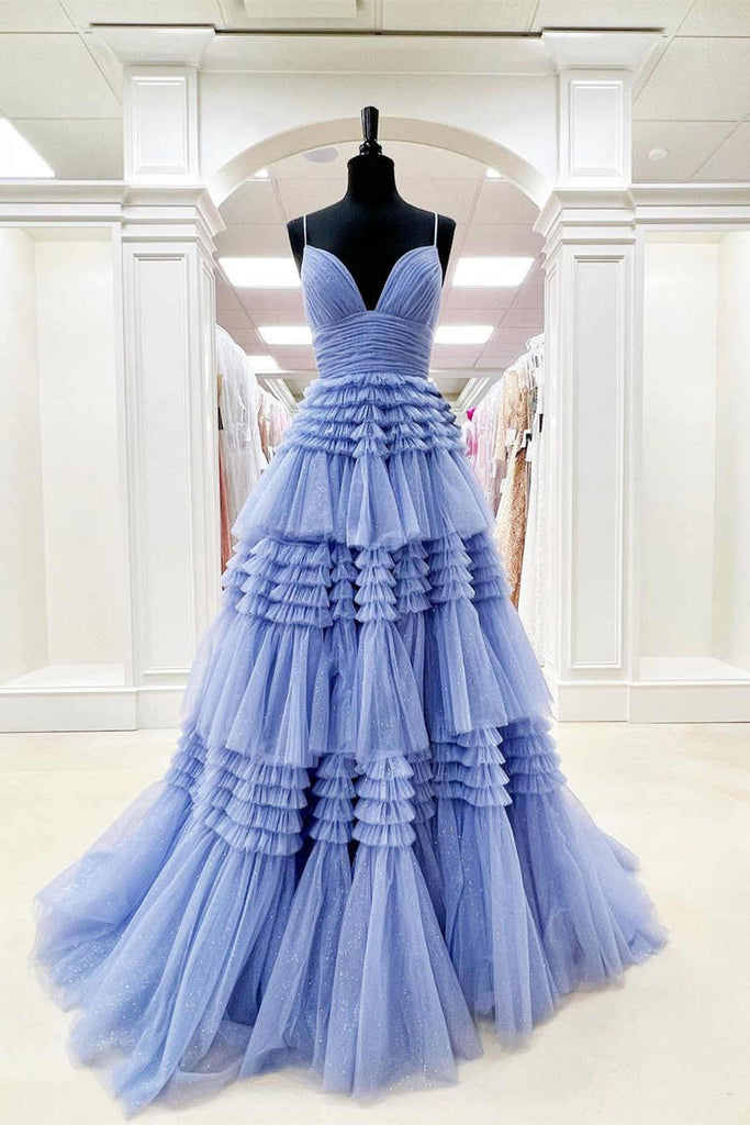 V Neck Aqua Split Tulle Prom Dress With Ruffles, Sleeveless Long Party Gown