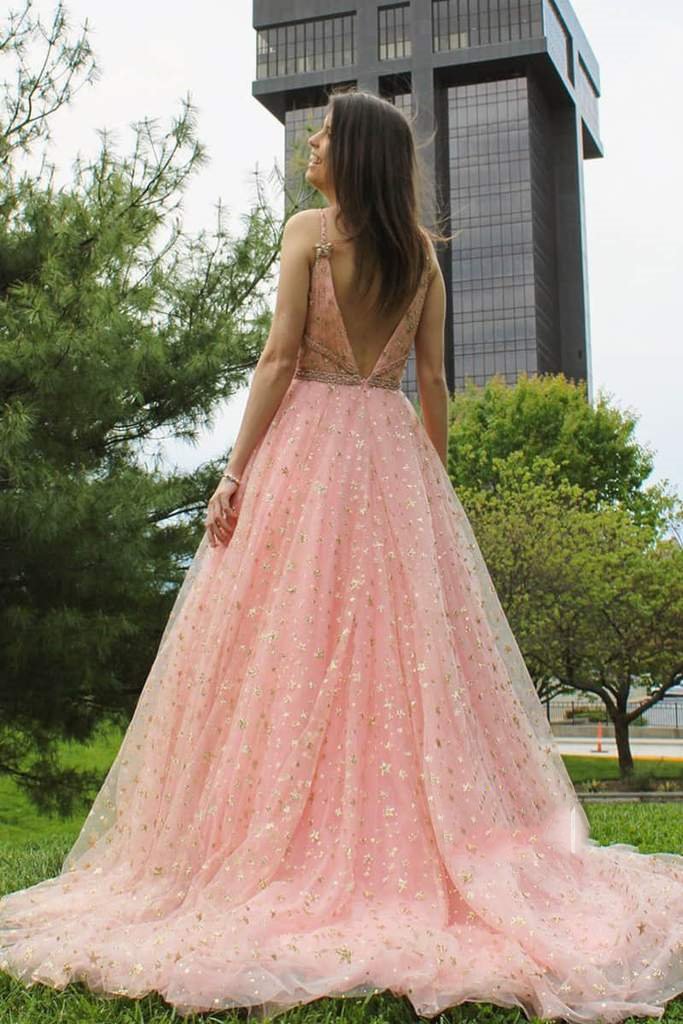 a-line v-neck stars sequin formal dress sparkly starry long prom dresses dtp125