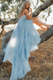 A-line Spaghetti Straps Chiffon Slit Light Sky Blue Long Prom Dress
