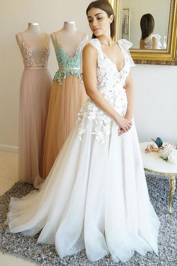 princess bowknot straps v-neck tulle appliques sleeveless wedding dress dtw142