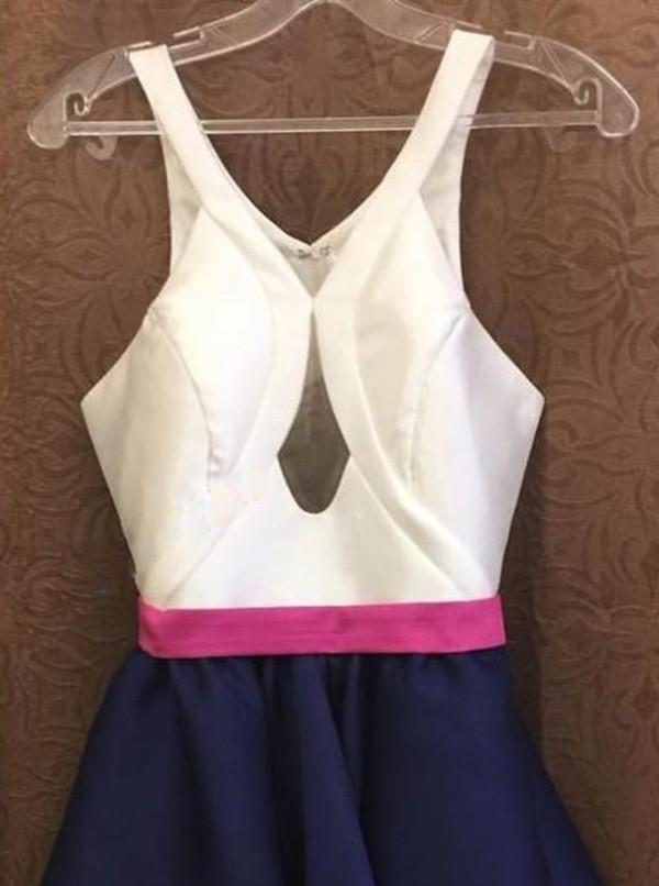 Navy Blue A-Line V-Neck Keyhole Satin Homecoming Dress