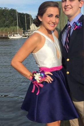 navy blue a-line v-neck keyhole satin homecoming dress dth157