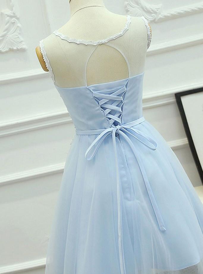A-Line Keyhole Lace Up Back Tulle Homecoming Dress with Appliques