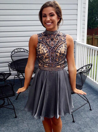 High Neck Open Back Beading Chiffon Short Homecoming Dress