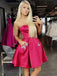 Fuchsia A-Line Strapless Satin Homecoming Dress with Beading Pockets